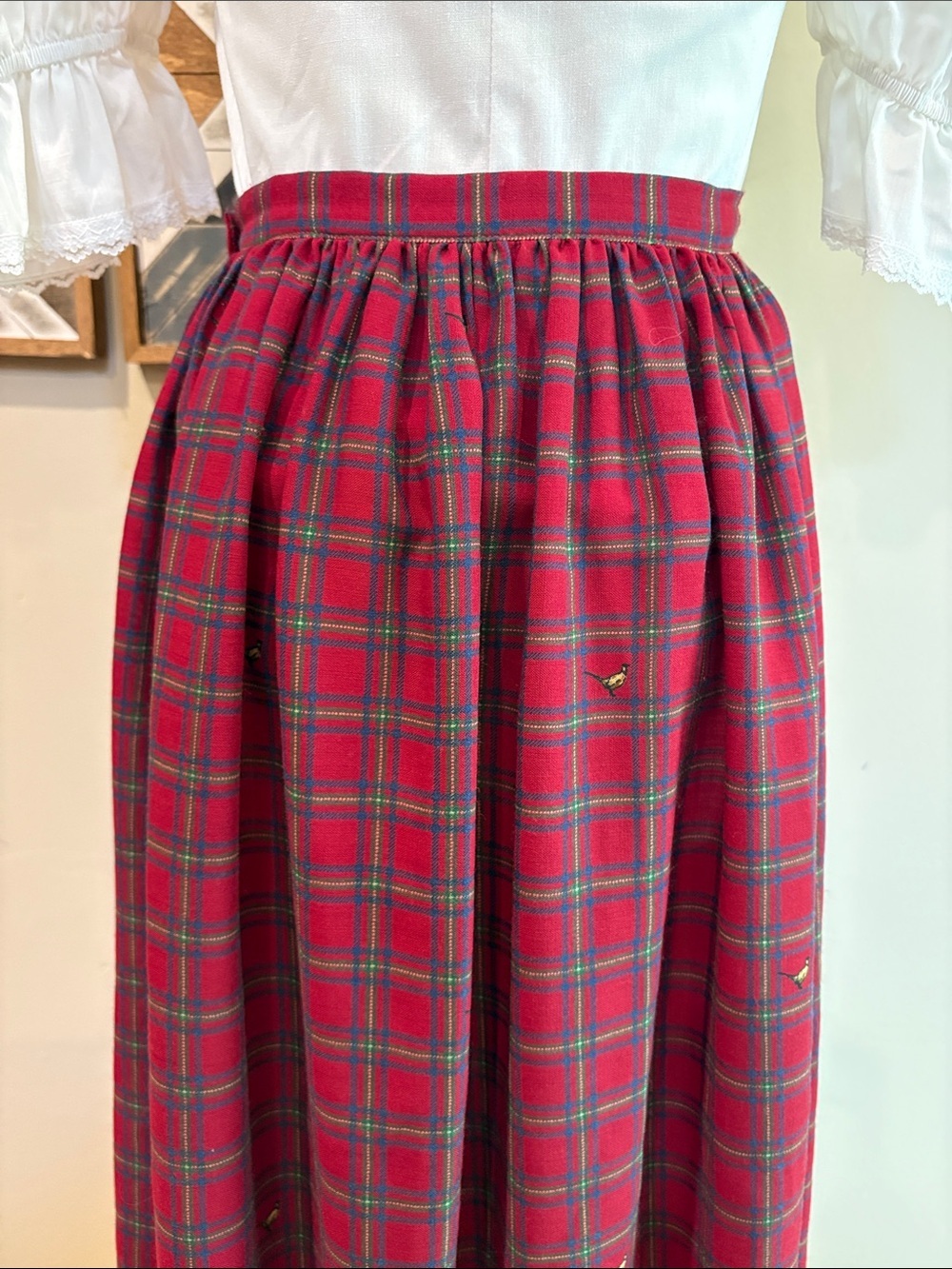 Vintage Ralph Lauren Red Plaid Wool Pheasant Equestrian Maxi Skirt Medium 12 - Picture 10 of 14